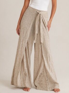 Ganesh - Embroidered Linen Wrap Pants Wide Leg Boho Resort Neutral Beige - SzSM